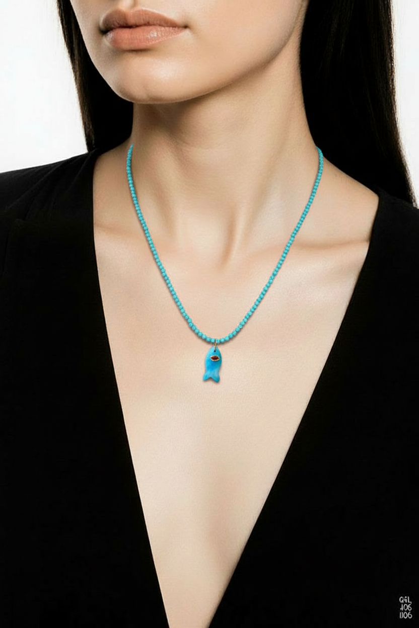 BEADED LONG FISH NECKLACE