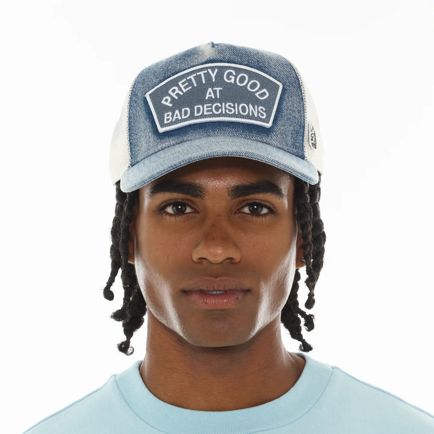 Cult's Mesh Trucker Hat "Good At Bad Decisions" In Denim