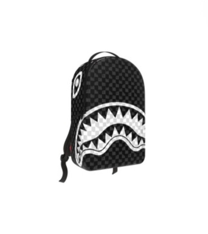 BLACK AND WHITE DRIP CHECK SHARK BACKPACK
